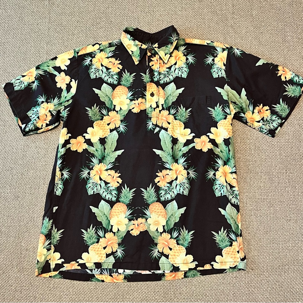 Vtg Reyn Spooner Hawaiian Aloha Shirt Pineapples Floral Brown Yellow Pullover M